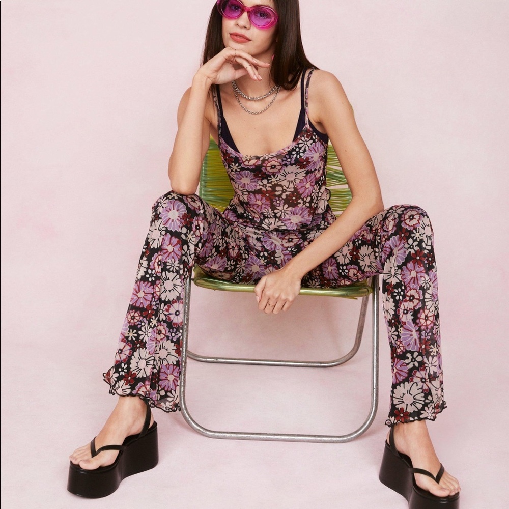 retro floral print mesh top and flare pants set